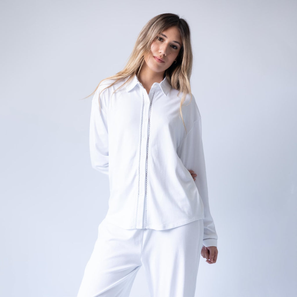 Long Pima Cotton Pajama Natural White Set