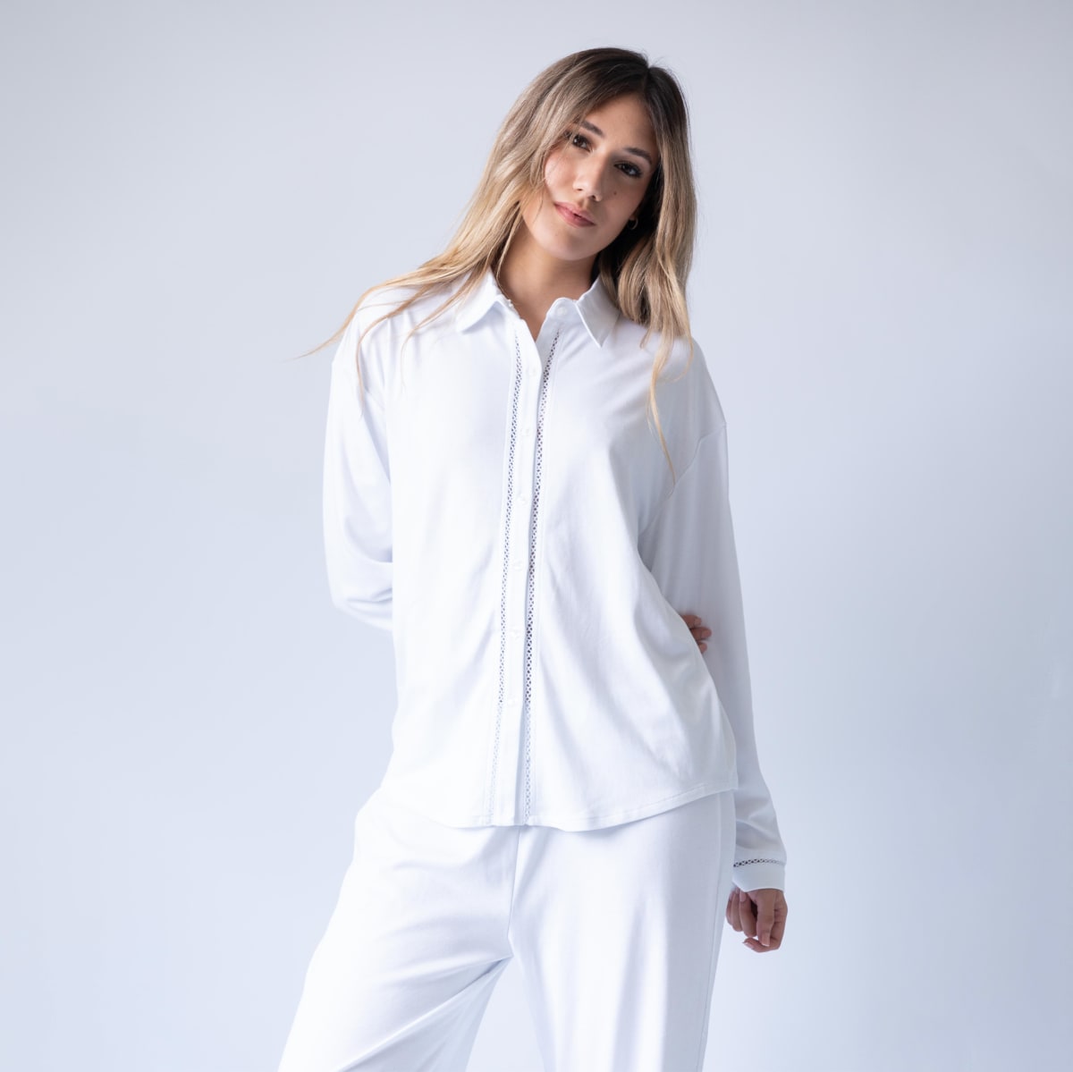 Long Pima Cotton Pajama Natural White Set