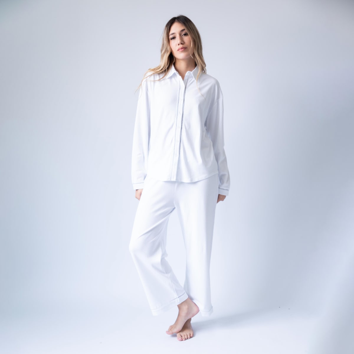 Long Pima Cotton Pajama Natural White Set